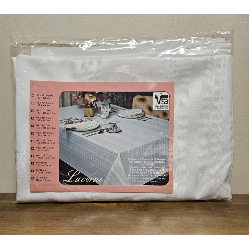 Vintage Lucerne White Oval Tablecloth 60x84 Visa Fabric Milliken Deadstock USA